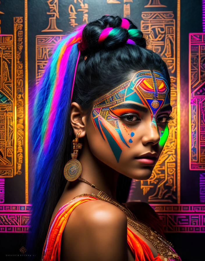 Woman with Tribal Makeup and Braided Hairstyle on Golden Hieroglyphic Background