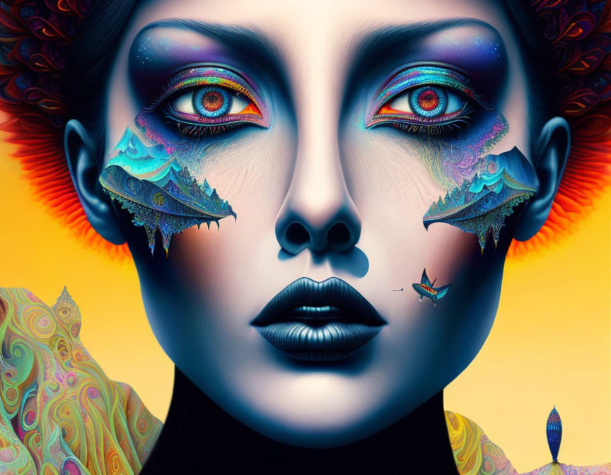 Colorful digital art of woman's face with cosmic eyes & fantasy elements