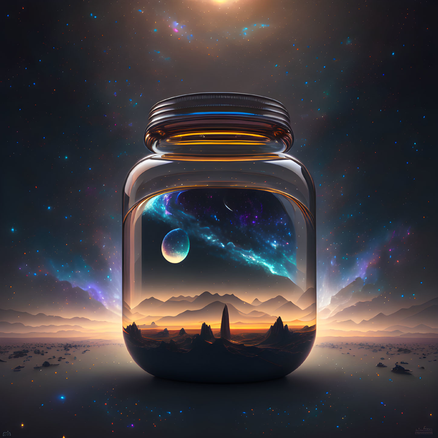 Surreal cosmic landscape in a glass jar with mountains and stars