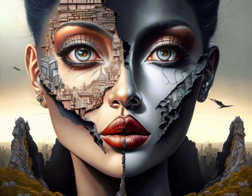 Surreal artwork: woman's face merges with cityscape and birds