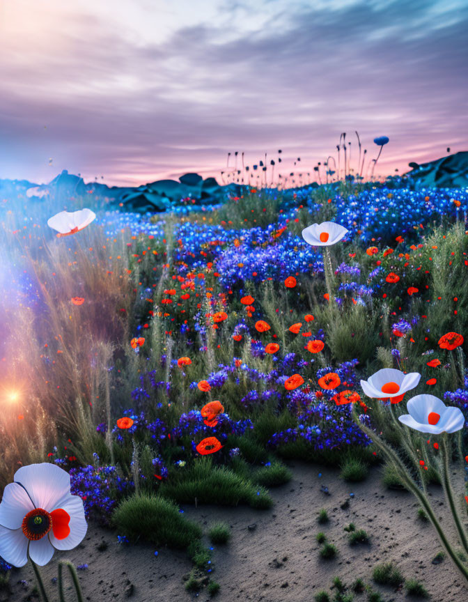 Colorful wildflowers in twilight field with red poppies and blue blooms