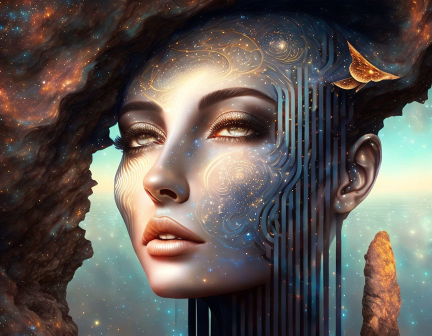 Surreal portrait of woman with cosmic and fish-like features