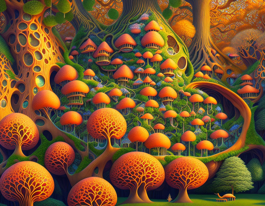 Fantasy landscape with whimsical trees and mushroom houses