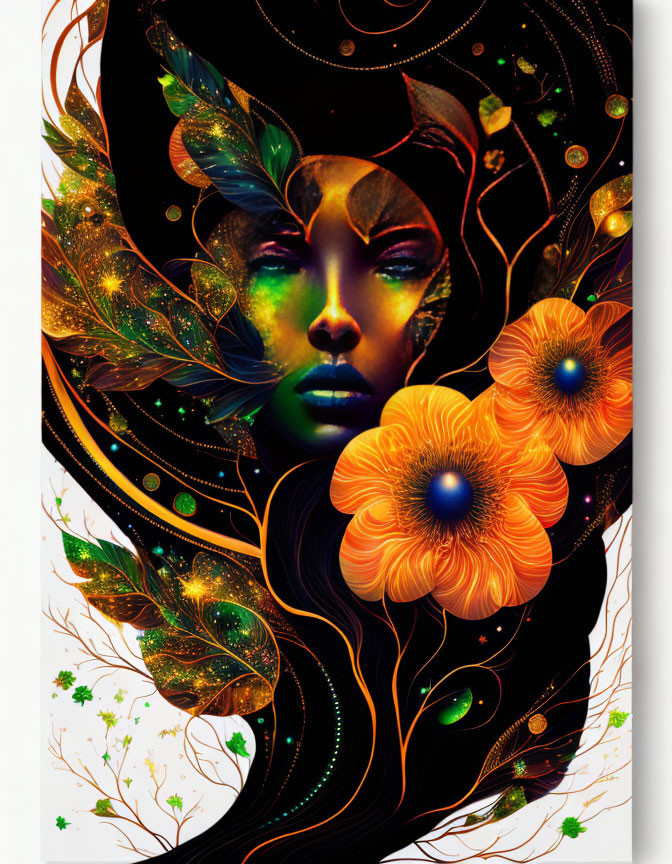 Colorful digital artwork: Woman's face with swirling patterns and floral motifs