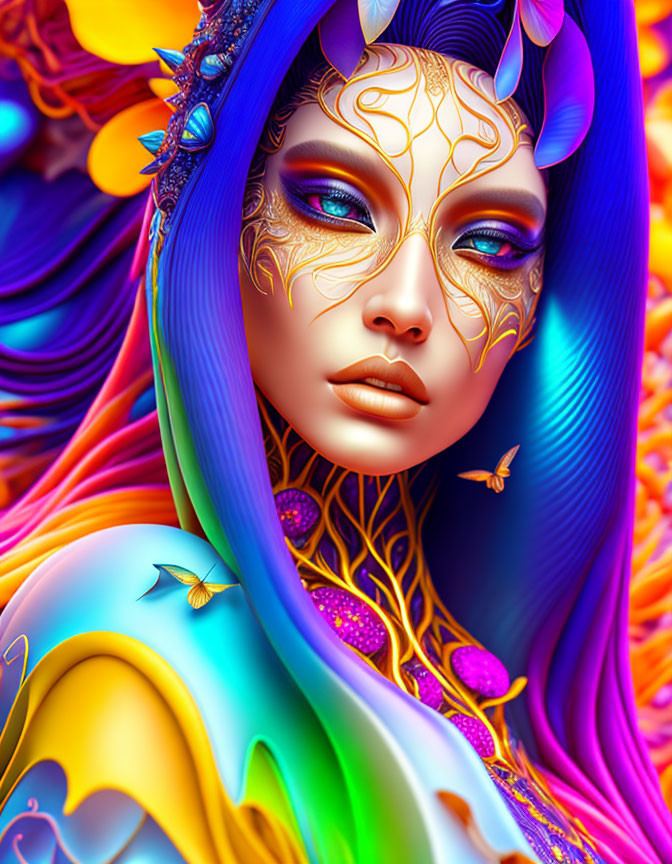 Colorful digital art: Woman with blue hair and golden adornments in vibrant, psychedelic setting with butterflies