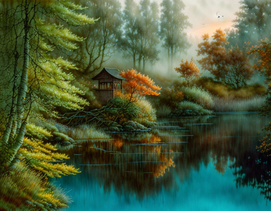 Autumn Gazebo by Still Lake with Mist and Birds