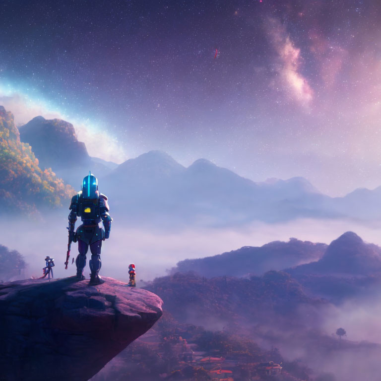 Sci-fi digital artwork: Giant robot, small figures on cliff, misty mountains, starry sky