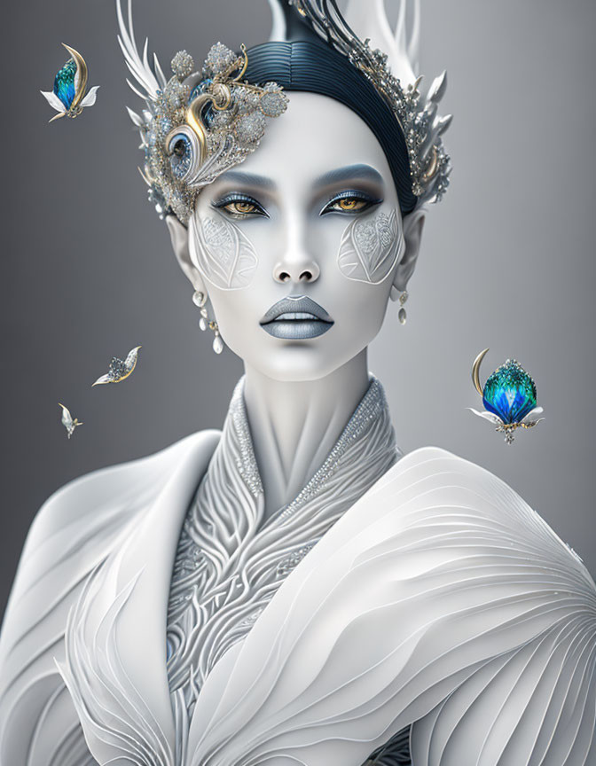 Digital artwork of woman with ornate headpiece and makeup surrounded by floating birds on grey backdrop