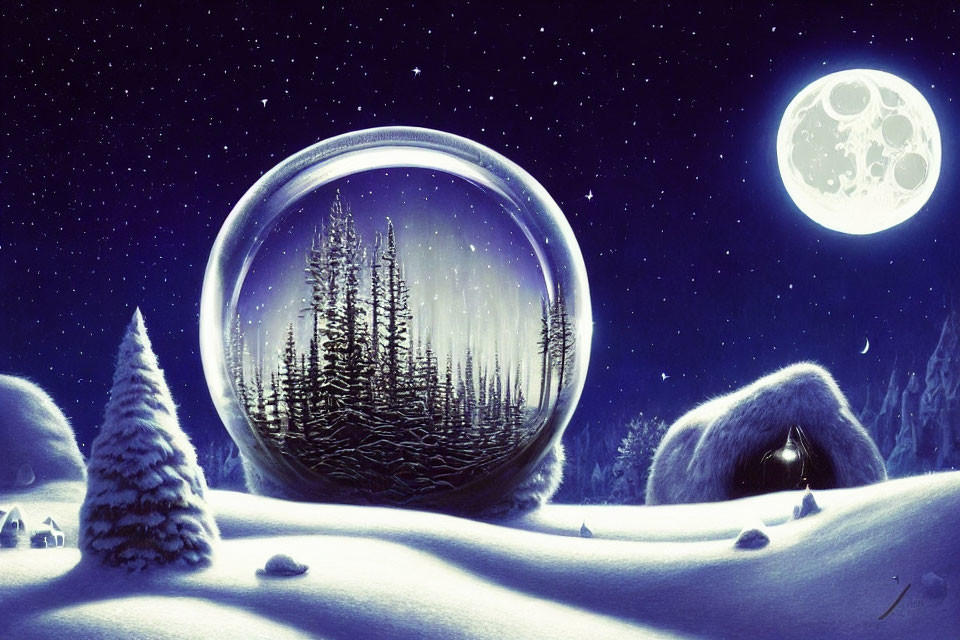 Snowy Night Landscape with Full Moon and Transparent Sphere Encasing Pine Forest