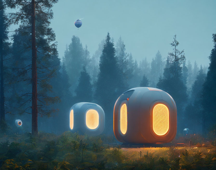 Glowing futuristic pods in misty twilight forest with floating balloon