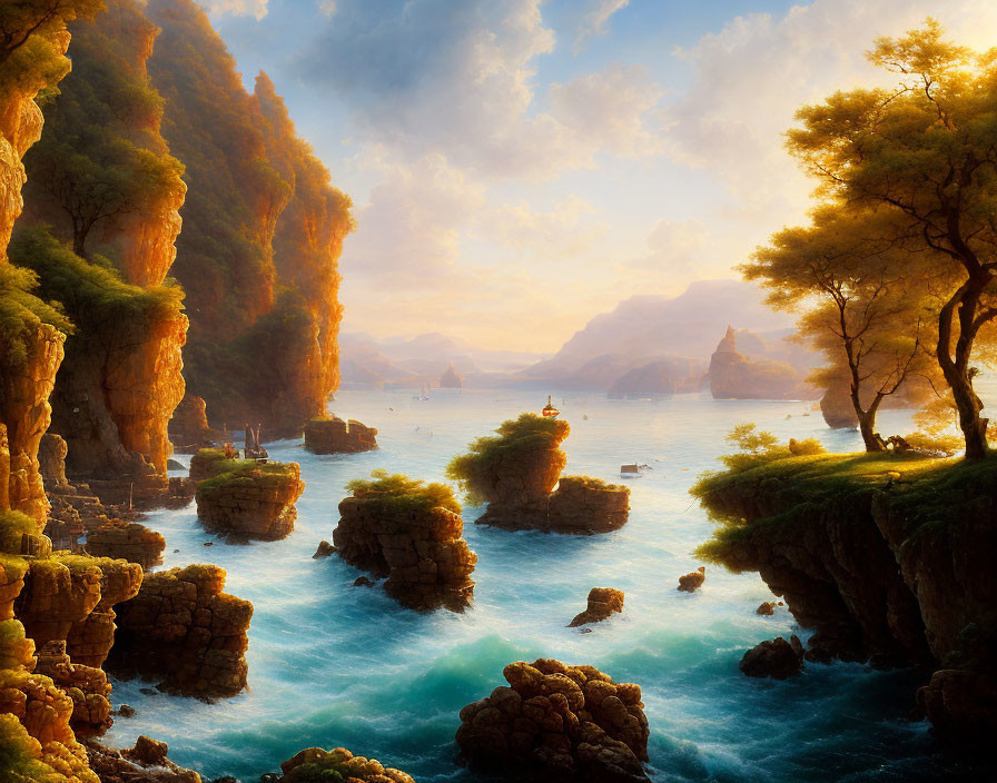 Tranquil seascape with rocky cliffs, greenery, sunlight, and boats.