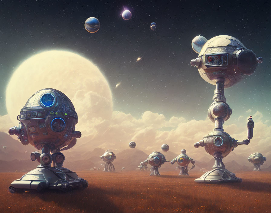 Surreal Sci-Fi Landscape with Robots, Hovering Cars, and Multiple Moons