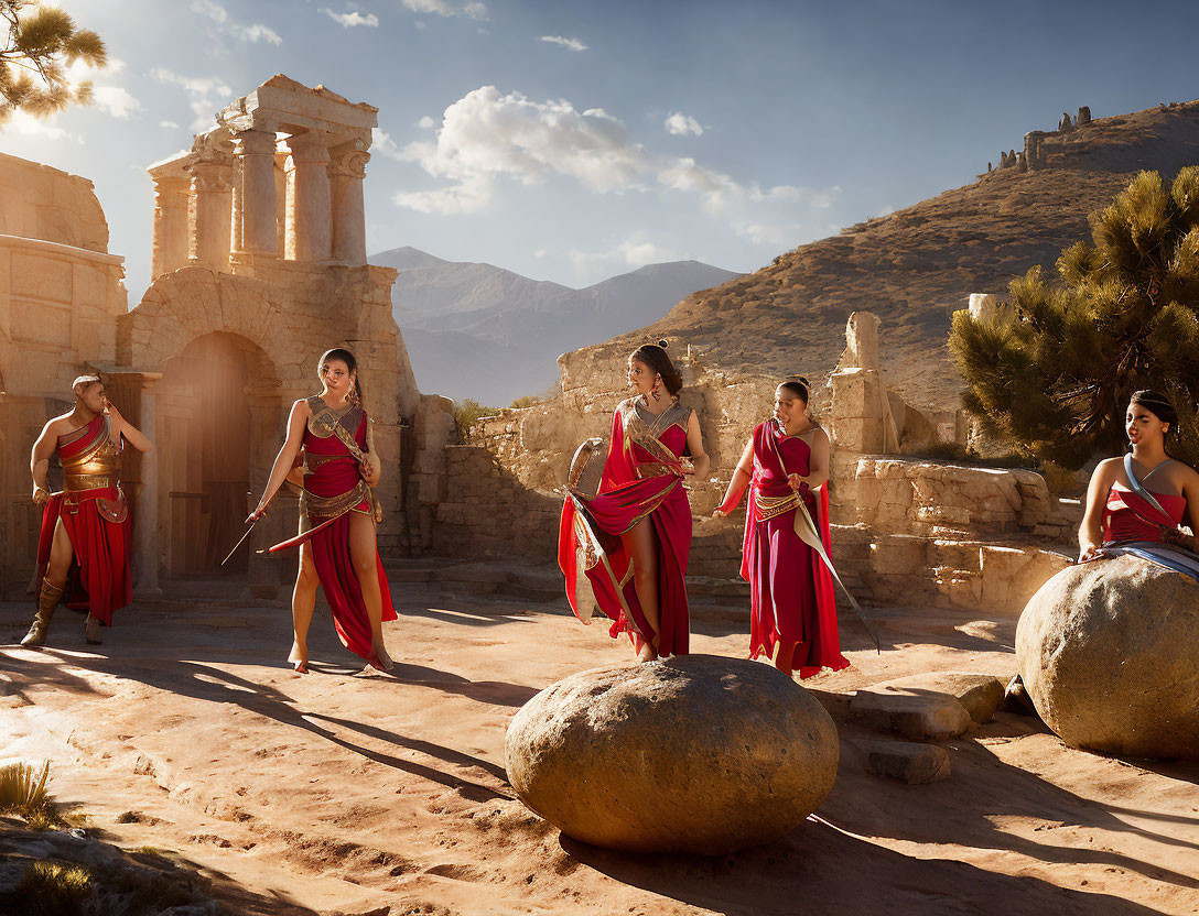 Red and Gold Attired Dancers Perform in Ancient Ruin