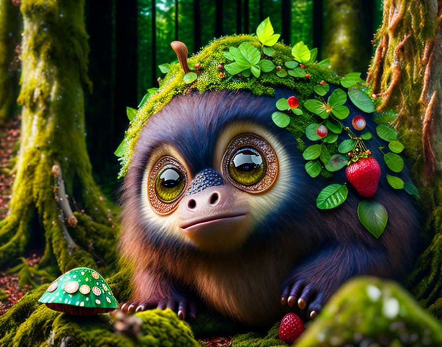 Fantastical monkey-like creature with expressive eyes in enchanted forest scene