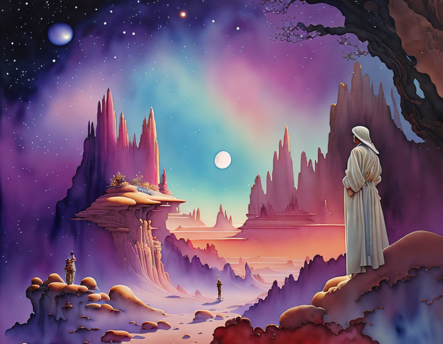 Robed figure gazes at colorful fantasy landscape