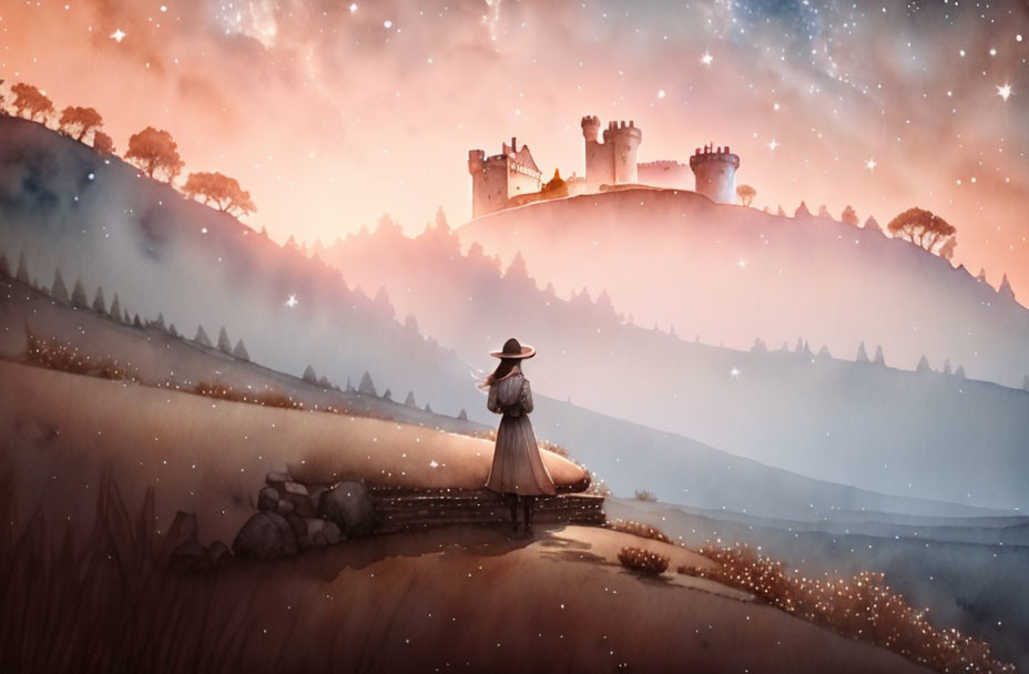 Person in hat gazes at castle on hill under pinkish-orange starry sky