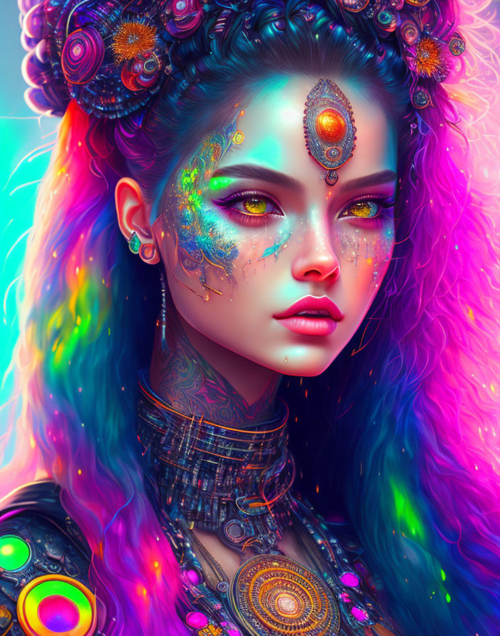 Colorful digital portrait of a woman with multicolored hair and celestial makeup on teal backdrop