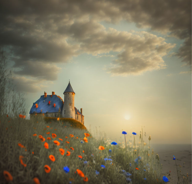 Castle at sunset in field of poppies and blue flowers under dramatic sky