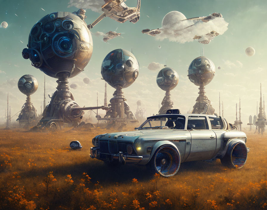 Classic Car on Alien Planet with Spherical Structures and Ships