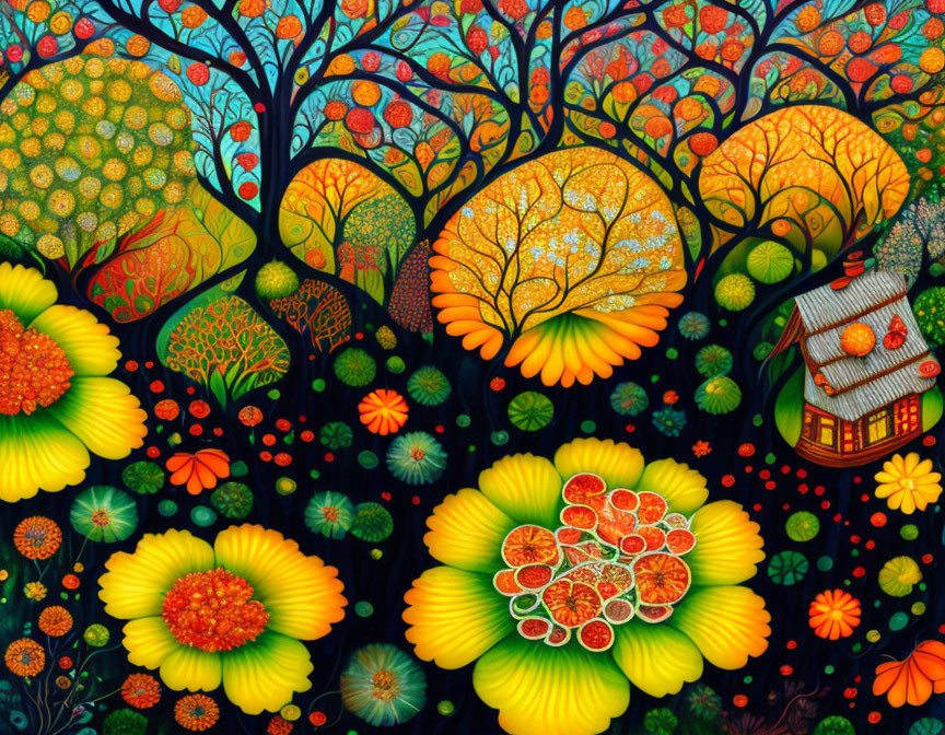 Colorful painting of stylized trees, a house, and flowers under a starry sky