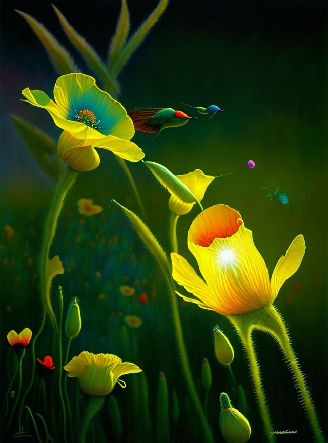 Colorful bird and dragonfly near vibrant yellow poppies in mystical setting