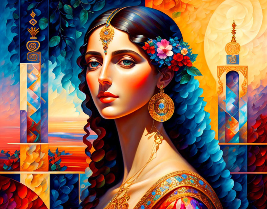 Vibrant artwork of a woman with intricate jewelry and floral headpiece