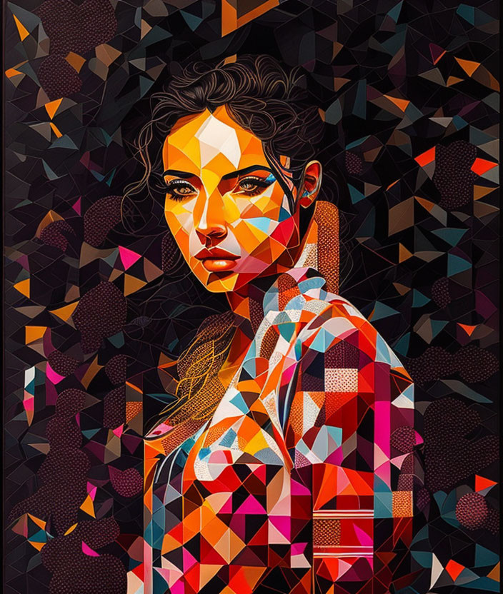 Vibrant geometric portrait of a woman with expressive eyes on abstract mosaic backdrop