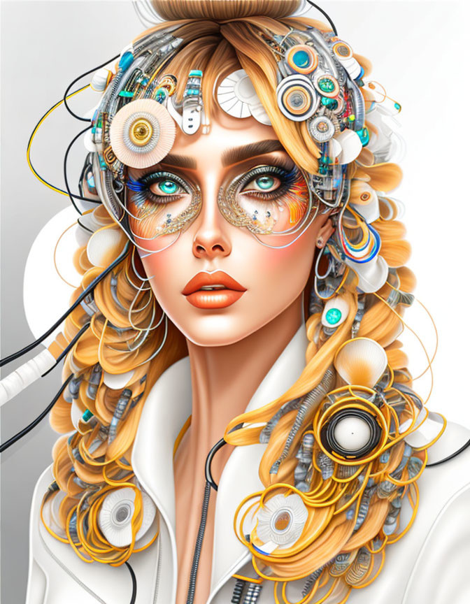 Woman with Mechanical Parts in Hair and Cybernetic Enhancements