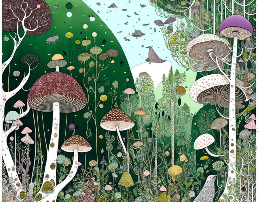 Colorful forest scene with stylized mushrooms, plants, and birds on green background