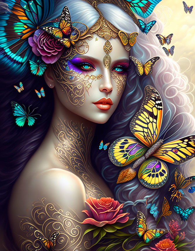 Fantasy illustration: Woman with blue skin, intricate face makeup, tattoos, colorful butterflies.