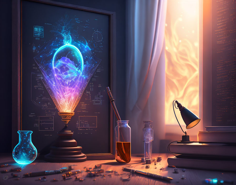 Serene study with magical artifact, scientific tools, books, and lamp in warm dusk light