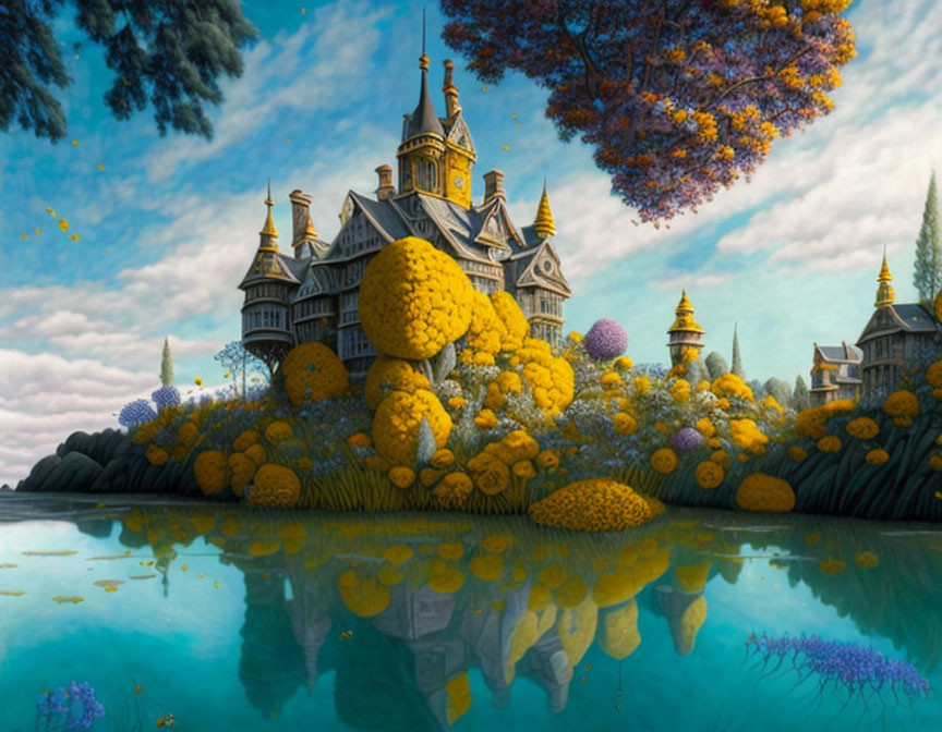 Fantasy landscape with ornate castle, vibrant flora, and tranquil water.