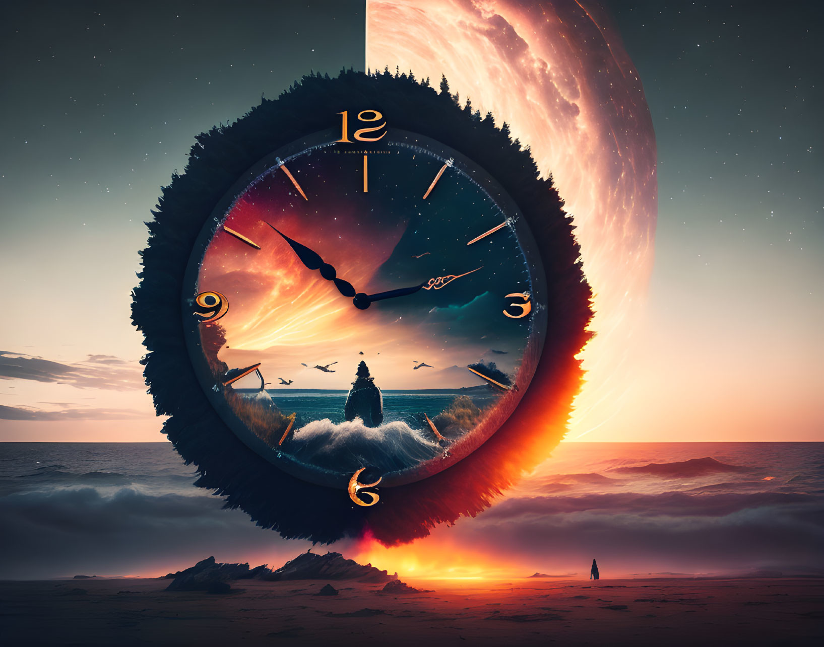 Surreal beach sunset with clock gateway, person, birds, starry sky, giant planet