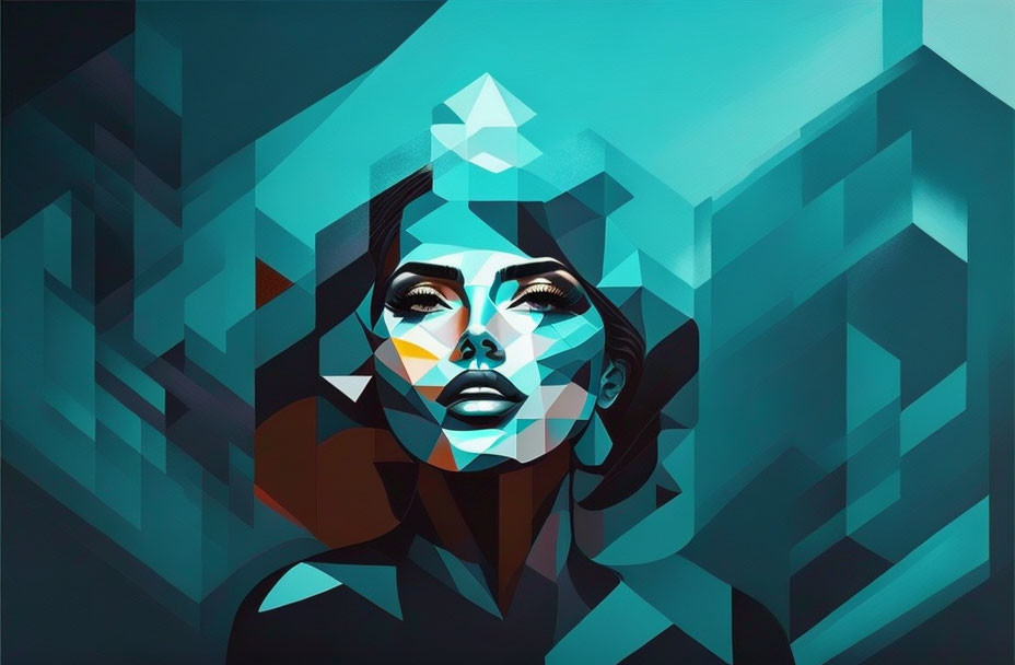 Geometric Cubist-Style Portrait of Woman in Blue and Teal