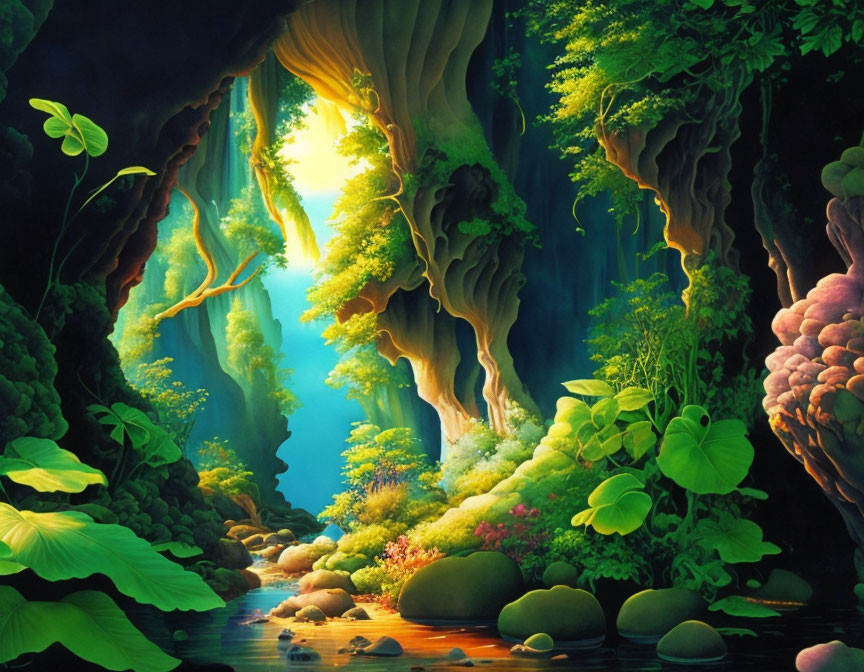 Colorful plants and sunlit stream in mystical forest cave