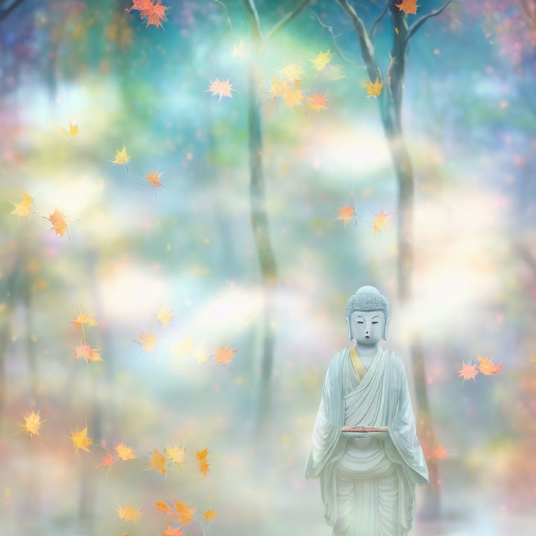 Buddha statue in meditative pose amidst mystical autumn forest