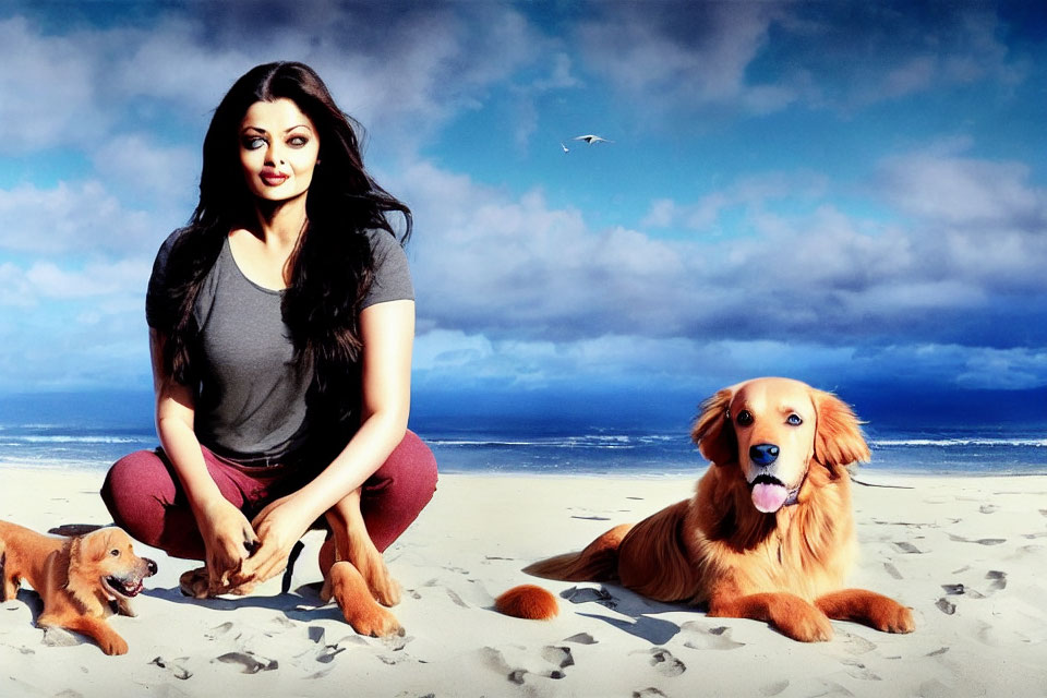 Woman with two dogs on beach under cloudy sky