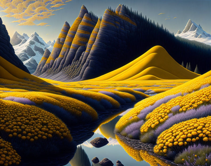 Vibrant surreal landscape with river, hills, mountains, and stylized sun