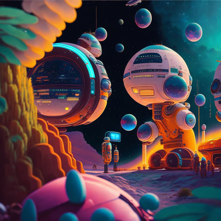 Futuristic sci-fi landscape with robot, astronauts, and alien planet