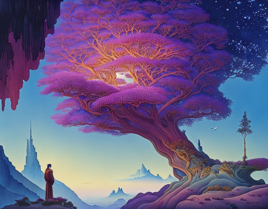 Colorful illustration: Person under pink tree, mystical landscape, mountains, castle