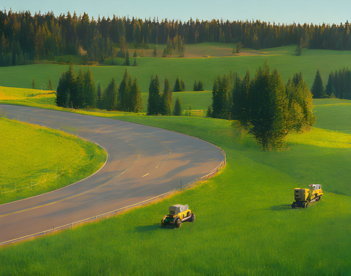 Serene countryside landscape with curving road, green hills, coniferous trees, and agricultural vehicles