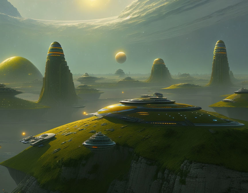 Futuristic landscape with dome-topped structures, spaceships, and large planet.