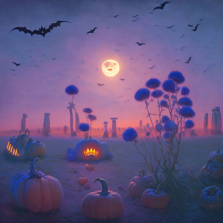 Spooky Halloween Scene with Pumpkins, Stonehenge, Bats, Full Moon, and Flowers