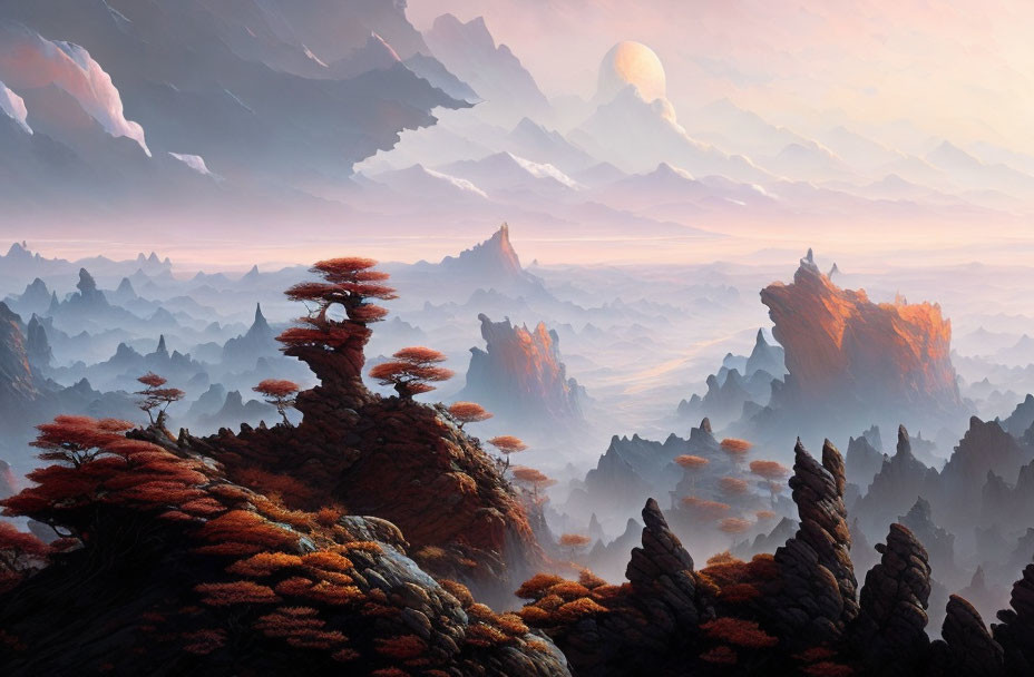 Orange-hued misty mountains, alien-like trees, and a rising moon