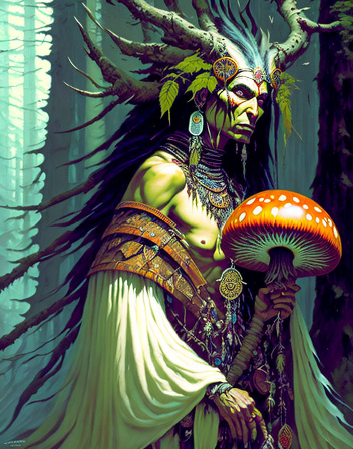 Enchanted forest being with tribal jewelry and red-capped mushroom in ancient setting