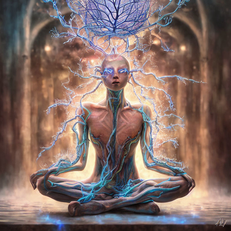 Ethereal being meditating with illuminated tree-like structure in serene ambiance