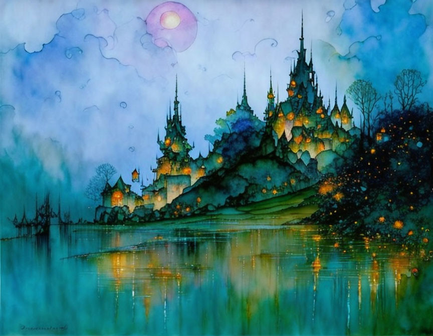 Ethereal watercolor painting of magical castle on hill with lights reflected in tranquil lake under moonlit