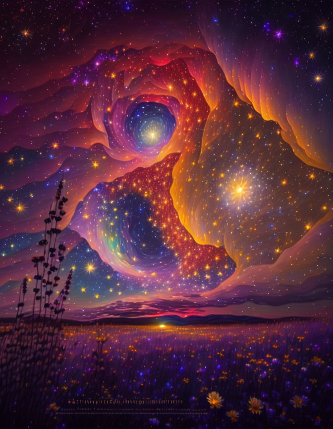 Digital artwork: Swirling cosmic sky over purple flower field