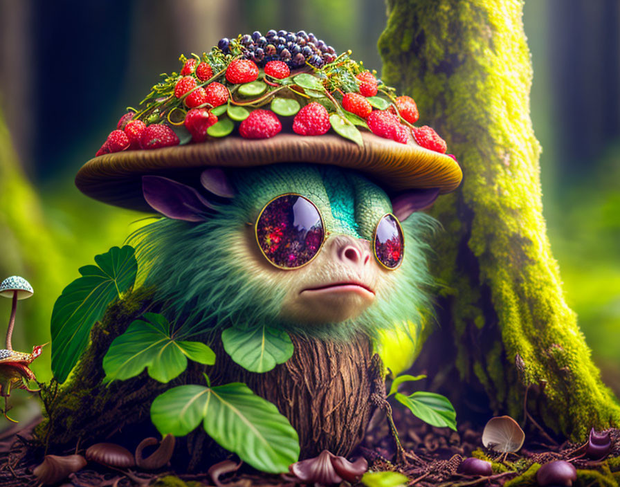 Furry creature with large eyes in enchanted forest with mushroom cap