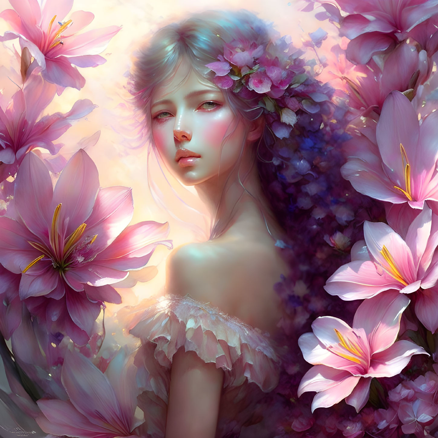 Ethereal portrait of a woman with soft features and pink flowers